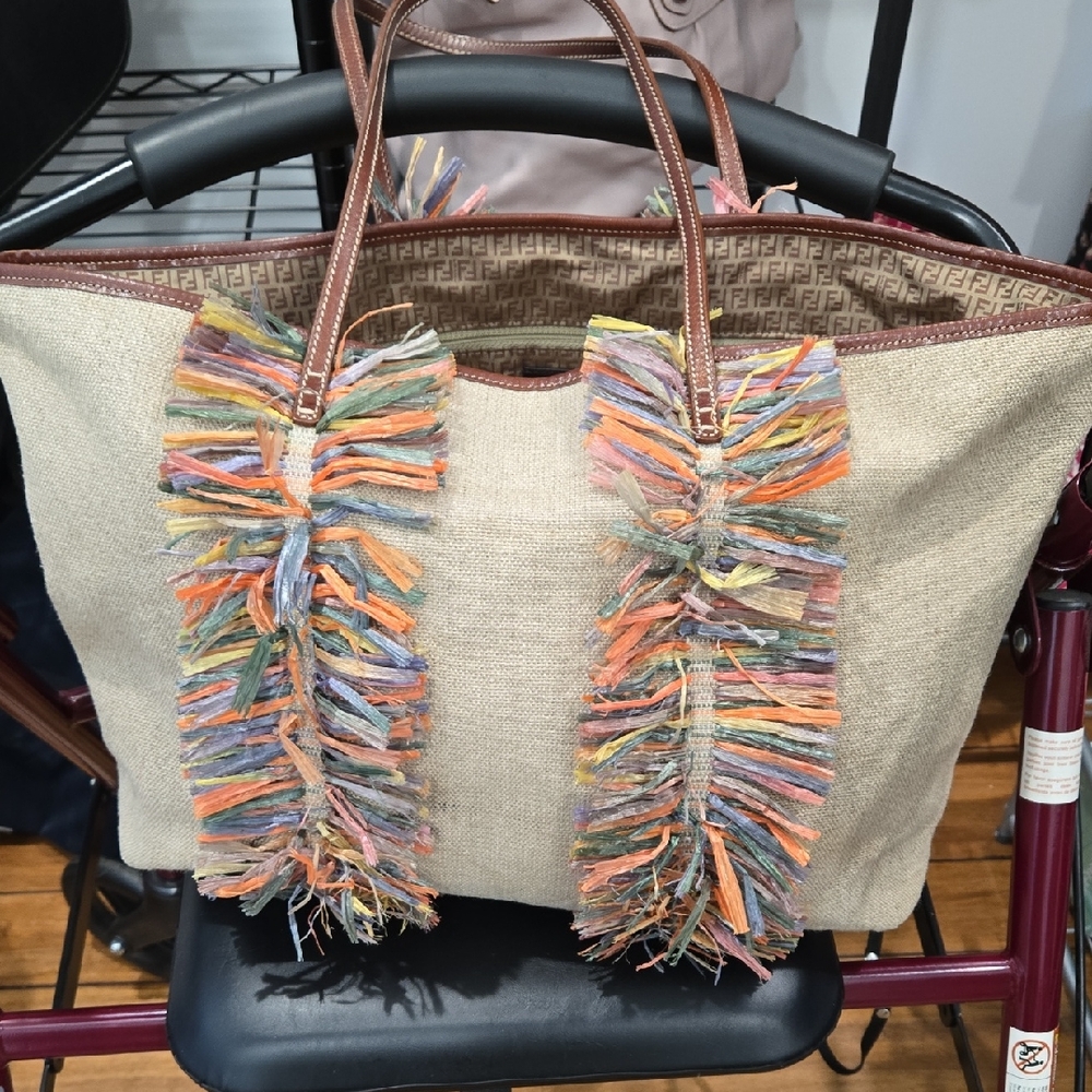 Fendi Beige Tote with Multicolor Fringe